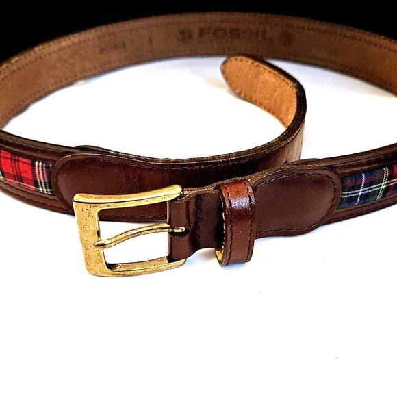 Fossil Preppy Christmas Tartan Plaid Brown Leather Belt Mens Size Small - Picture 2 of 5